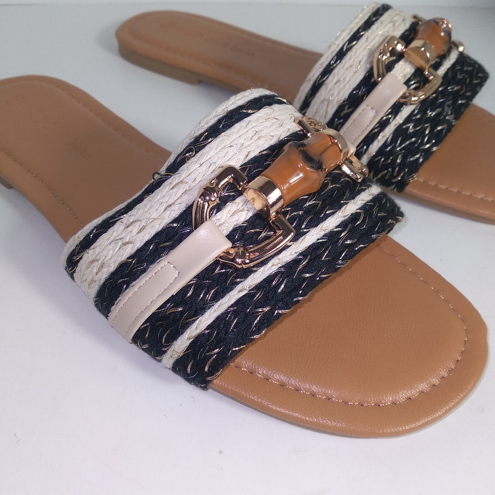 Beige and Black Band W/Bamboo Design Slide Sandals - Picture 6 of 7